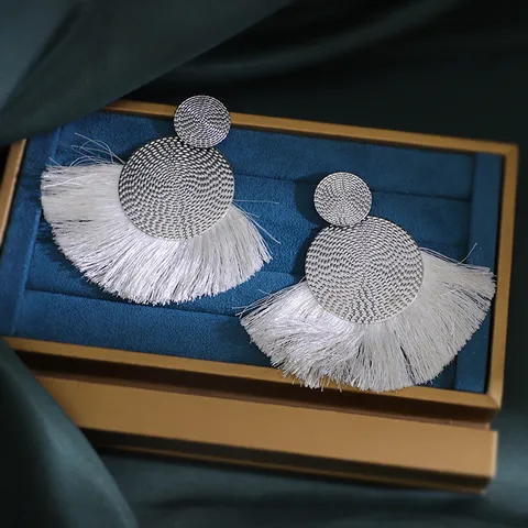 Boheems Grote Stoffen Kwastje Oorbellen Met 925 Sterling Zilver Stift Grote Waiervormige Geometrische Hanger Oorbellen Voor Vrouwen