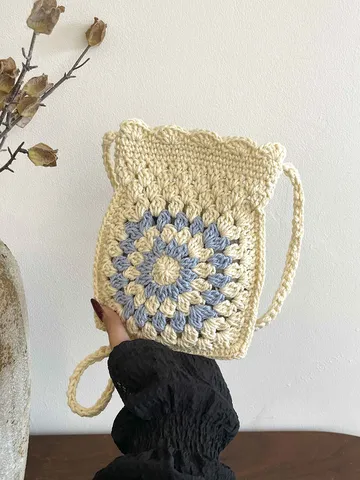 Women Crochet Mobile Phone Bag Cotton Woven Crossbody Shoulder Bag Casual Beach Straw Bag Knit Small Purse