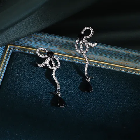 Vintage Zinklegierung Strass Schleife Lange Ohrstecker Mit 925 Sterlingsilber Ohrstecker-Stift Eleganter Geometrischer Hängeohrringe Für Damen Party Schmuck Geschenk