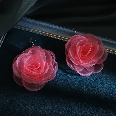 Grote Chiffon Roos Oorknopjes Vintage Camellia Stof Hangende Oorringen 925 Zilver Stift Vrouwen Sieraden