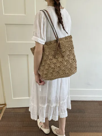 Γυναικεία Ψάθινη Πλεκτή Τσάντα Tote Mori Girl Διάτρητη με Βελονάκι Ώμου Τσάντα Παραλίας Πλεκτή στο Χέρι Μεγάλη Καλοκαιρινή Τσάντα Διακοπών Με Μαγνητικό Κούμπωμα