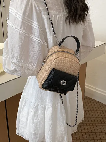 Women Woven Straw PU Leather Patchwork Backpack Quilted Diamond Pattern Chain Shoulder Straps Medium Casual Travel Mini Rucksack