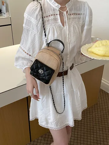 Women Woven Straw PU Leather Patchwork Backpack Quilted Diamond Pattern Chain Shoulder Straps Medium Casual Travel Mini Rucksack