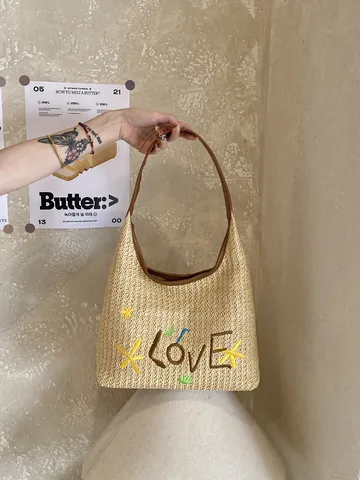 Borsa Shopping di Paglia da Donna Intrecciata Spalla Borsa da Ascella Ricamata Lettera Stella Grande Capacità Spiaggia Vacanza Uso Quotidiano Viaggio Borsa Hobo