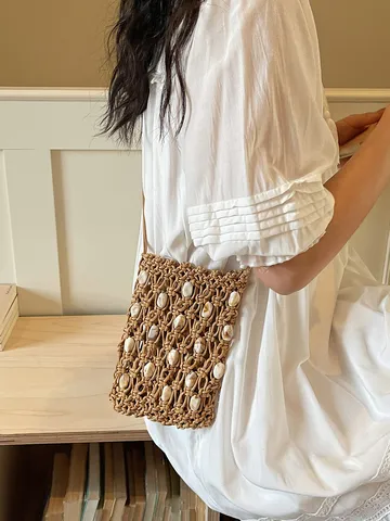 Bohemian Handmade Woven Wax Cord Phone Bag Beaded Hollow Out Crossbody Bag Vacation Beach Straw Shoulder Bag For Women Jewelry Accents Mini Handbag