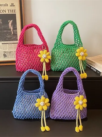 Women Sweet Fresh Cotton Cord Hand-Woven Hollow Out Net Mesh Tote Bag Drawstring Bucket Sand Beach Holiday Casual Handbag