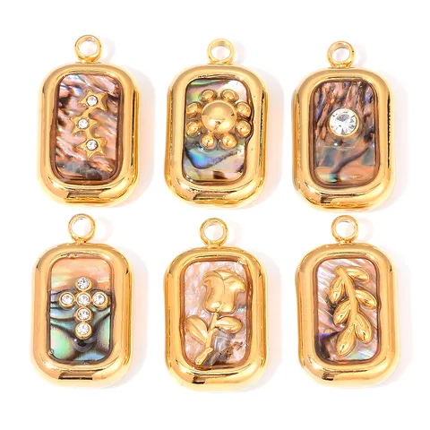 Stainless Steel Enamel Shell Pendant DIY Rhinestone Flower Leaf Cross Rectangular Tag Jewelry Accessory For Necklace Bracelet Making