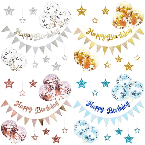 Happy Birthday Letter Banner Triangle Flag Star Hanging Decoration Latex Sequin Balloons Party Decoration