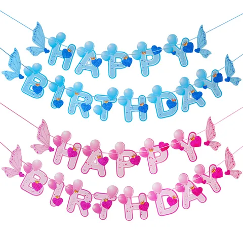 Happy Birthday Banner Party Decorations With Angel Wings Balloon Glitter Heart Hanging Garland For Kids Birthday Party