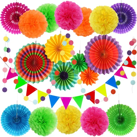 Colorful Paper Fan Flowers Set Hanging Decorations For Birthday Party Wedding Kindergarten Opening Celebration Decor