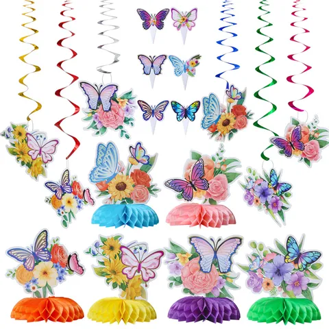Colorful Butterfly Floral Party Hanging Swirls Honeycomb Centerpieces Cake Toppers Birthday Party Decorations Set