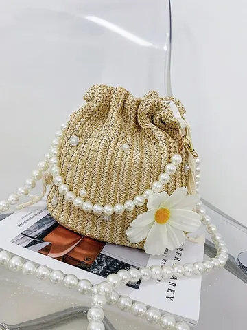 Bolso Cubo Tejido con Flores Bolso de Playa de Paja Con Cadena de Perlas Artificiales Estilo Vacaciones para Mujer