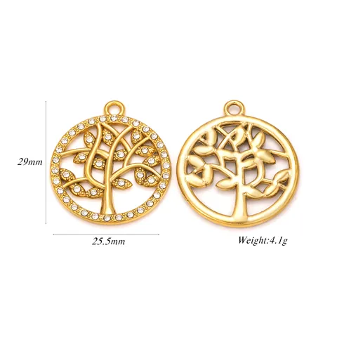Colgante Árbol De La Vida De Acero Inoxidable 304 Accesorios De Joyería DIY Diamante De Imitación Incrustado Dijes Redondos Huecos
