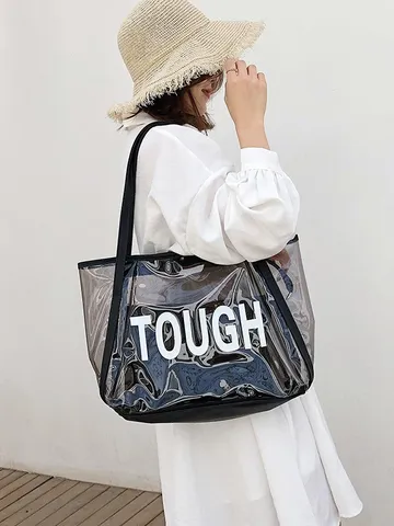 Borsa a Spalla da Donna Trasparente in PVC Jelly Grande Capacità Impermeabile Lettere Stampate Borsa Composita per Spiaggia Vacanza