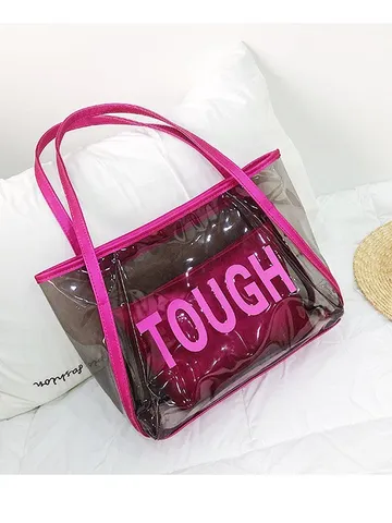 Borsa a Spalla da Donna Trasparente in PVC Jelly Grande Capacità Impermeabile Lettere Stampate Borsa Composita per Spiaggia Vacanza