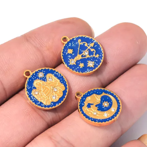 Ciondoli Zodiaco in Acciaio Inossidabile Dodici Costellazioni Charms Smaltati Placcati Oro Tondi Smalto a Goccia d'Olio Strass Pendenti per Creazione Gioielli DIY Accessori