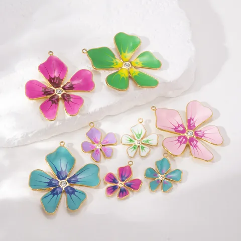 Colgante de Flor de Acero Inoxidable Esmalte Flor de Cinco Pétalos Goteo de Aceite DIY Collar Pulsera Accesorios Incrustación Strass