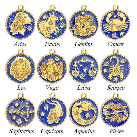 Ciondoli Zodiaco in Acciaio Inossidabile Dodici Costellazioni Charms Smaltati Placcati Oro Tondi Smalto a Goccia d'Olio Strass Pendenti per Creazione Gioielli DIY Accessori