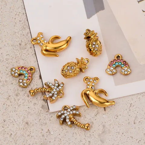 Electroplated Stainless Steel Fruit Pendant With Rhinestone Pineapple Banana Coconut Tree Rainbow DIY Necklace Jewelry Findings