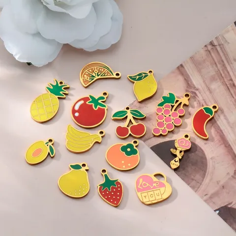Stainless Steel Fruit Enamel Charms Pendants For DIY Jewelry Making Cute Banana Strawberry Cherry Tomato Drop Oil Hanging Craft Accessories