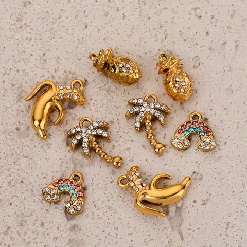 Electroplated Stainless Steel Fruit Pendant With Rhinestone Pineapple Banana Coconut Tree Rainbow DIY Necklace Jewelry Findings
