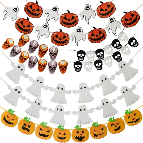 Halloween Paper Garland Banner Spooky Pumpkin Ghost Skull Hanging Bunting Flags For Party Bar KTV Mall Indoor Wall Decor