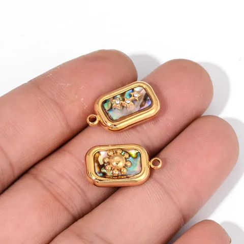 Stainless Steel Enamel Shell Pendant DIY Rhinestone Flower Leaf Cross Rectangular Tag Jewelry Accessory For Necklace Bracelet Making