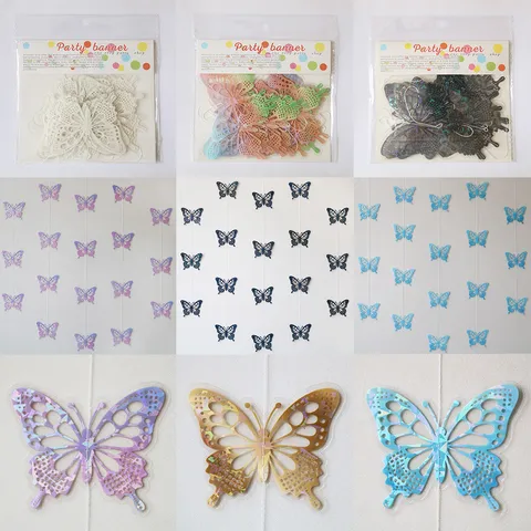 Guirlande de Papillons Transparente Laser PVC Décoration Suspendue de Fête Anniversaire Décoration de Maison Coloré Or Blanc Noir Violet Bleu