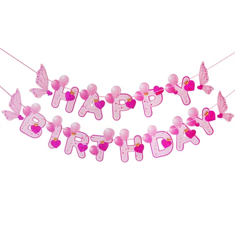 Happy Birthday Banner Party Decorations With Angel Wings Balloon Glitter Heart Hanging Garland For Kids Birthday Party