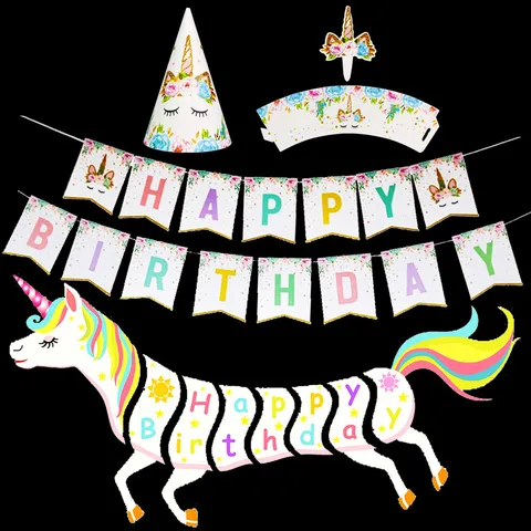Bannière de Fête d'Anniversaire Licorne Guirlande en Papier Pailleté Décorations Joyeux Anniversaire Fournitures de Célébration pour Enfants