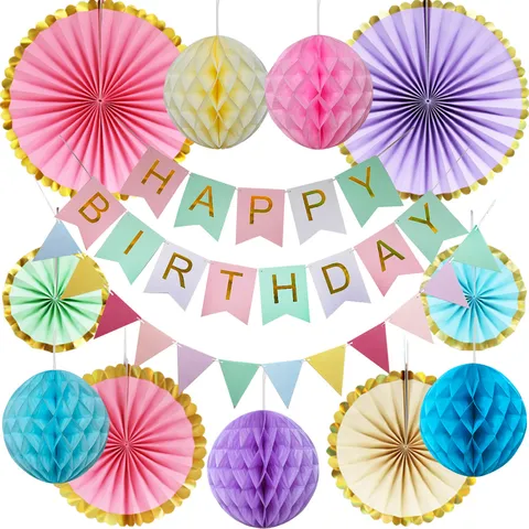 Macaron Papier Éventail Fleurs Fête d'Anniversaire Décoration Ensemble Bannières de Lettres Colorées Boules en Nid d'Abeille Fournitures d'Événement