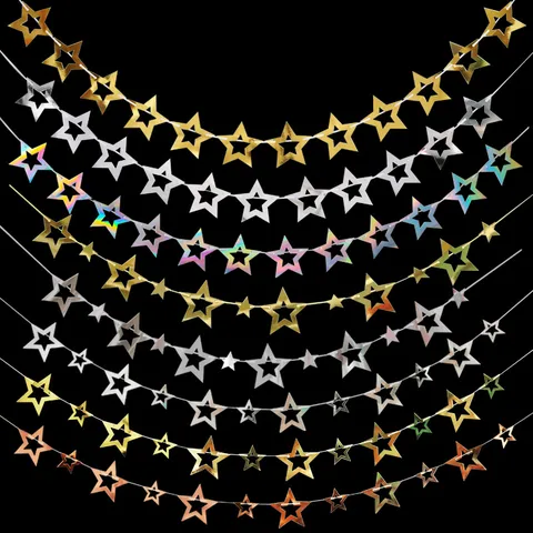 Guirlande d'Étoiles Pentagramme Creuses Fête d'Anniversaire Bannière Suspendue Miroir Métallique Serpentin Décoration Murale Fournitures de Festival