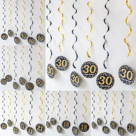 Décorations Suspendues en Spirale pour Fête d'Anniversaire Or Noir Panneau de Chiffres Décoration de Plafond Fournitures d'Anniversaire