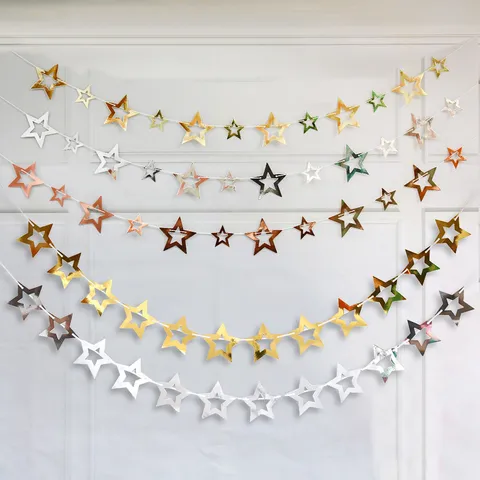 Guirlande d'Étoiles Pentagramme Creuses Fête d'Anniversaire Bannière Suspendue Miroir Métallique Serpentin Décoration Murale Fournitures de Festival