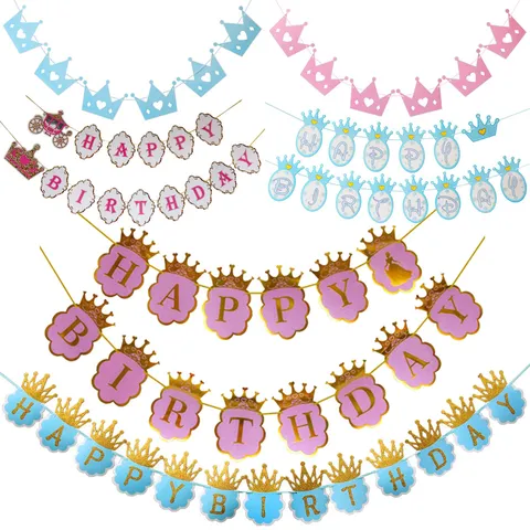 Bannière d'Anniversaire Princesse Couronne en Papier Pailleté Or Guirlande de Lettres Joyeux Anniversaire Décorations Suspendues de Fête