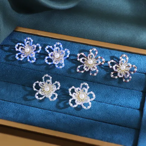 Handgemaakte Geweven Rocailles Bloem Oorknopjes Kunstparel Kristal Strass Florale Oorbellen Voor Vrouwen Bruiloft Sieraden