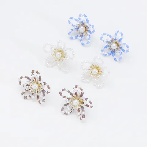 Handgemaakte Geweven Rocailles Bloem Oorknopjes Kunstparel Kristal Strass Florale Oorbellen Voor Vrouwen Bruiloft Sieraden