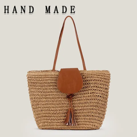Handmade Paper Rope Woven Shoulder Bag For Women Bohemian Resort Style Tassel Flap Tote Bag Leather Strap Beach Purse