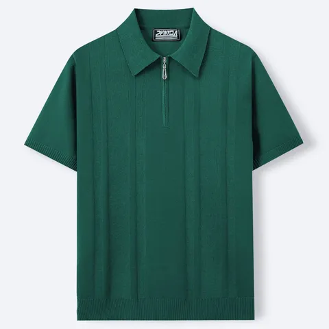 Polo da Uomo in Maglia con Mezza Zip Manica Corta in Viscosa Business Casual a Righe Verticali Slim Fit Estate Top