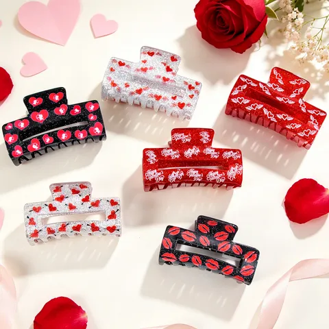 Valentine's Day Acrylic Hair Claw Clip Red Heart Lips Glitter Large Hair Clamp Women Hair Styling Accessories Fashion Jewelry