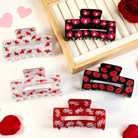 Valentine's Day Acrylic Hair Claw Clip Red Heart Lips Glitter Large Hair Clamp Women Hair Styling Accessories Fashion Jewelry