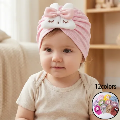 Lindo Gorro Turbante para Bebé Conejo Lazo Nervado Teñido Anudado Gorro Pulóver Suave Cálido Gorro Infantil para Recién Nacidos Niñas Niños