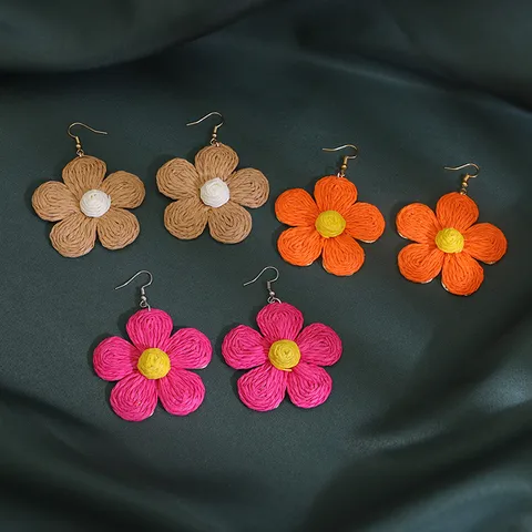 Bohemian Handgeweven Raffia Zonnebloem Oorbellenset Legering Bloem Vakantie Sieraden Met 925 Sterling Zilver Stift Voor Vrouwen