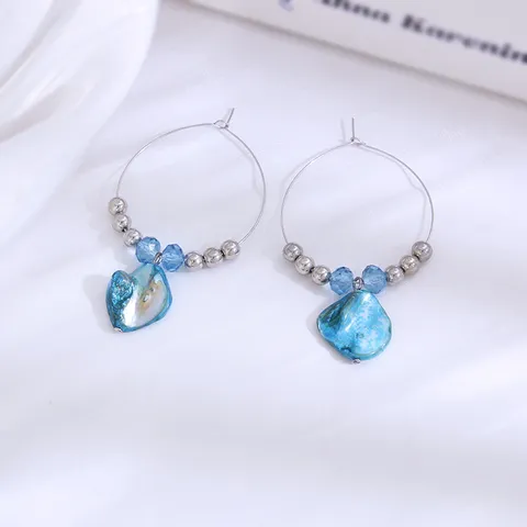 Pastorale Blauwe Natuurlijke Schelp Oorbellen Voor Vrouwen Legering Geometrische Lange Oorbellen Met 925 Sterling Zilver Stift
