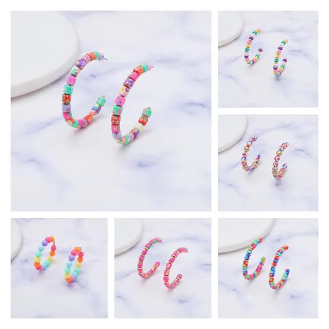 Handgemaakte Polymeerklei Kralen Oorbellen C-vormige Boheemse Etnische Stijl Regenboog Kralen Creolen Met 925 Zilver Stift Voor Dames