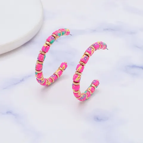 Handgemaakte Polymeerklei Kralen Oorbellen C-vormige Boheemse Etnische Stijl Regenboog Kralen Creolen Met 925 Zilver Stift Voor Dames