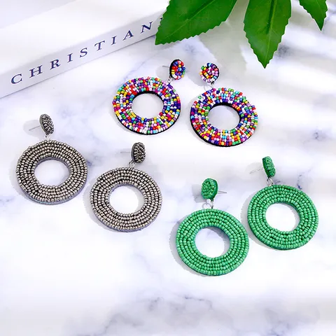 Boho Vintage Handgeweven Hars Glaskraaltjes Creolen Voor Dames Geometrische Ronde Statement Oorknopjes Euro Amerikaanse Mode Sieraden Cadeau