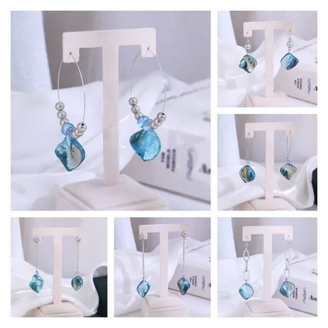 Pastorale Blauwe Natuurlijke Schelp Oorbellen Voor Vrouwen Legering Geometrische Lange Oorbellen Met 925 Sterling Zilver Stift