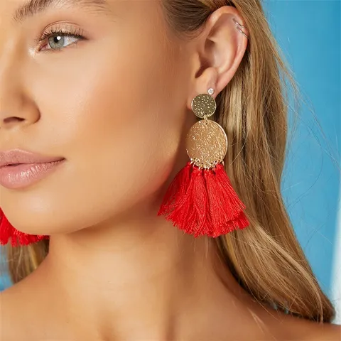 Bohemian Retro Etnisch Legering Gehamerd Schijf Kwastje Hanger Oorringen Vintage Multi Kleur Lange Franje Oorbellen Voor Vrouwen Sieraden