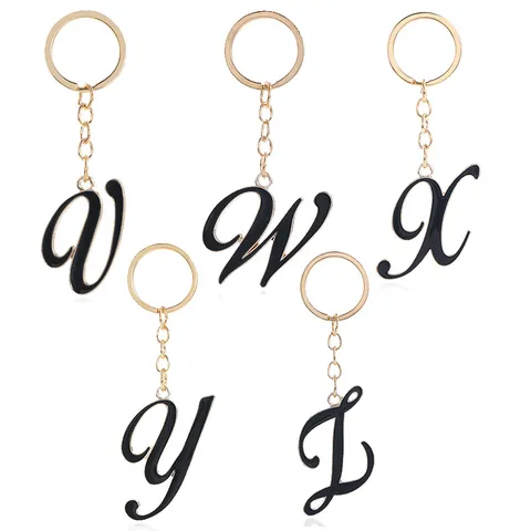 Eenvoudige Emaille Alfabet Sleutelhanger Legering Verguld Zwarte Letter Sleutelring Voor Tas Hanger Cadeau Sieraden Accessoires